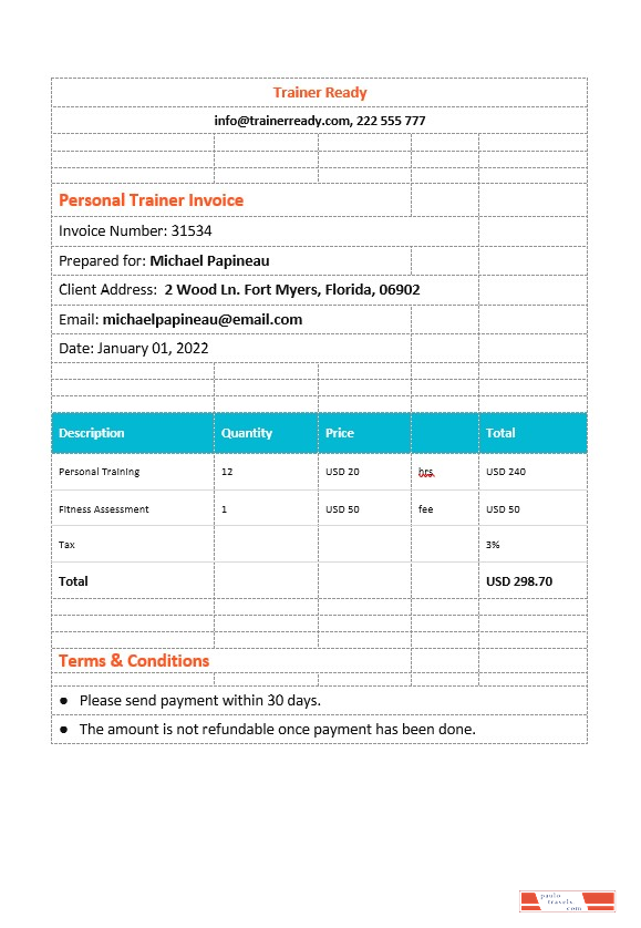 Personal Trainer Invoice Template PSD template